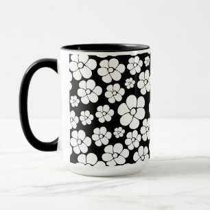 Retro Flower Mönster in White on Black Mugg