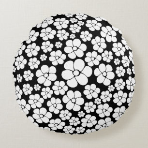 Retro Flower Mönster in White on Black Rund Kudde