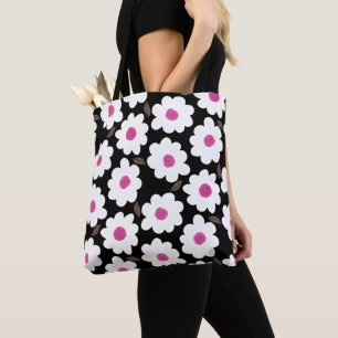 Retro Flower Mönster in White on Black Tygkasse