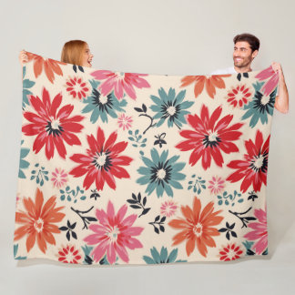 Retro Flower Mönster Red Orange Blue Fleecefilt