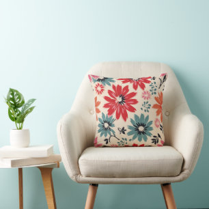 Retro Flower Mönster Red Orange Blue Kudde