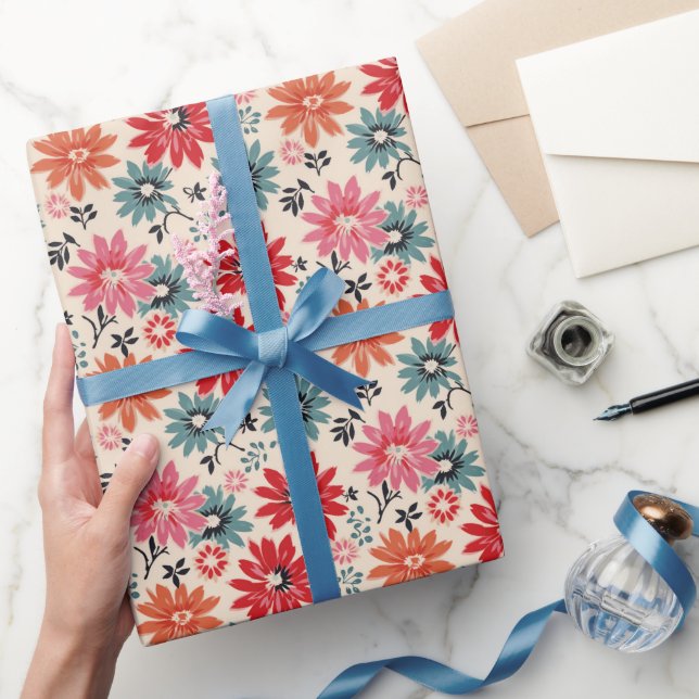 Retro Flower Mönster Red Orange Blue Presentpapper (Gifting)