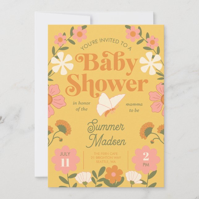 Retro Flower Mustard Gult Baby Shower-inbjudan Inbjudningar (Framsida)
