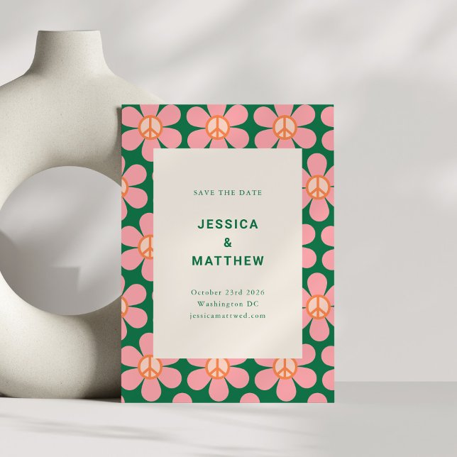 Retro Flower Peace Rosa Grönt Groovy Bröllop Spara Datumet (Skapare uppladdad)