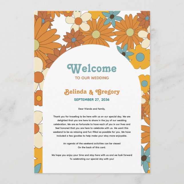 Retro Flowers 60's 70's Arch Bröllop Itinerary Program (Framsida)