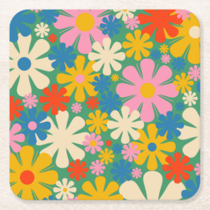 Retro Flowers 60s 70s färgstarkt Blommönster Underlägg Papper Kvadrat