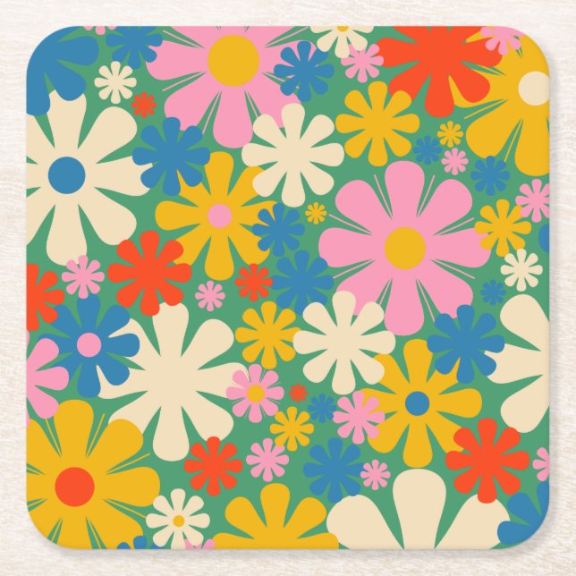 Retro Flowers 60s 70s färgstarkt Blommönster Underlägg Papper Kvadrat (Framsidan)