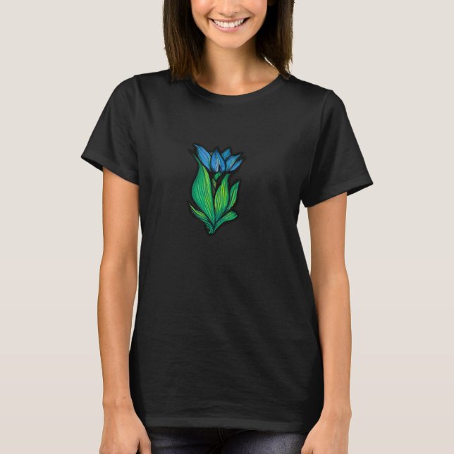 Retro Flowers Art Blå trädgårdsblomma T Shirt (Framsida)