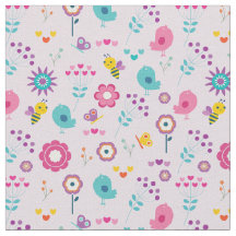 Retro Flowers Birds and Bees on Rosa Background