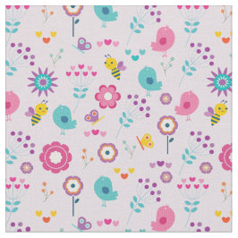 Retro Flowers Birds and Bees on Rosa Background Tyg