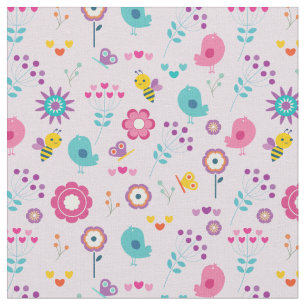 Retro Flowers Birds and Bees on Rosa Background Tyg