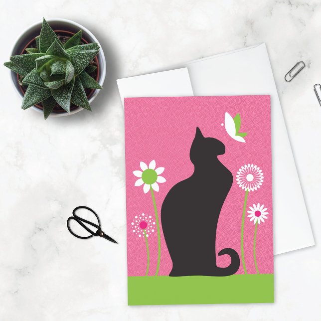 Retro Flowers Black Cat Birthday Kort (Skapare uppladdad)