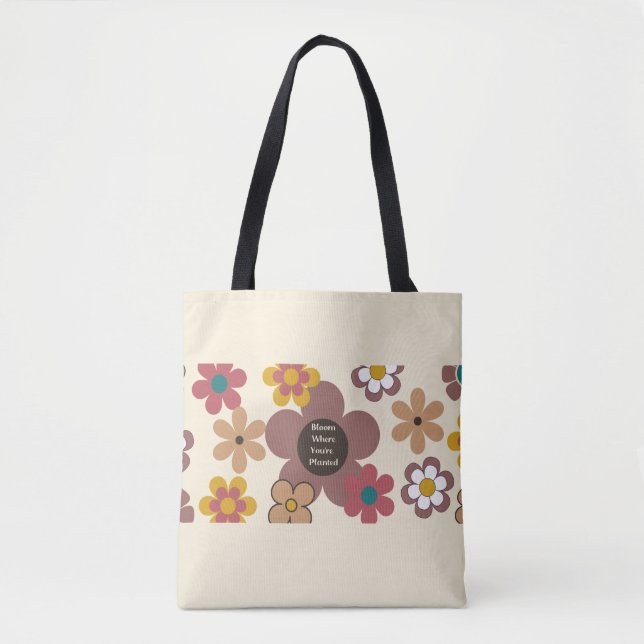 Retro Flowers "Bloom where you're Planted" Tote Tygkasse (Framsida)
