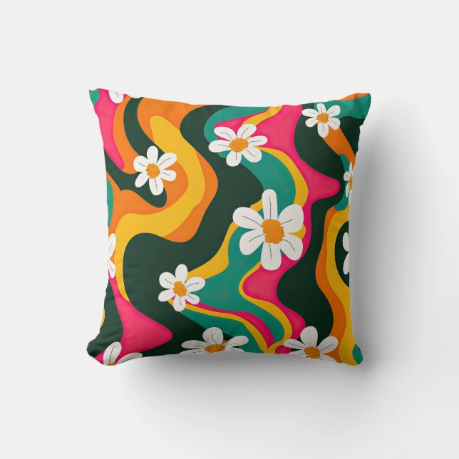 Retro Flowers Colorful 70s Hippie Mönster Kudde (Framsida)