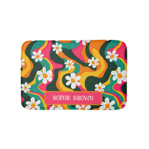 Retro Flowers Colorful 70s Mönster med Namn Badrumsmatta