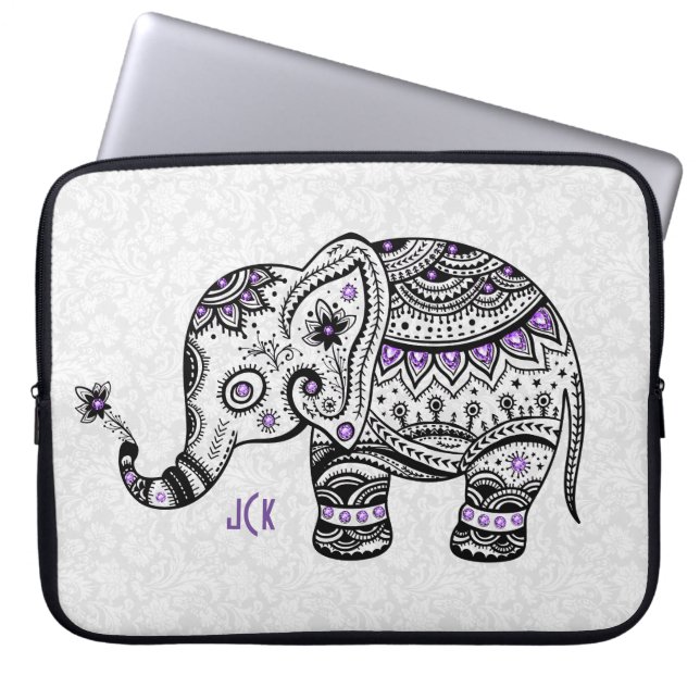 Retro Flowers & Elephant Lila Diamonds Laptop Sleeve (Framsidan)