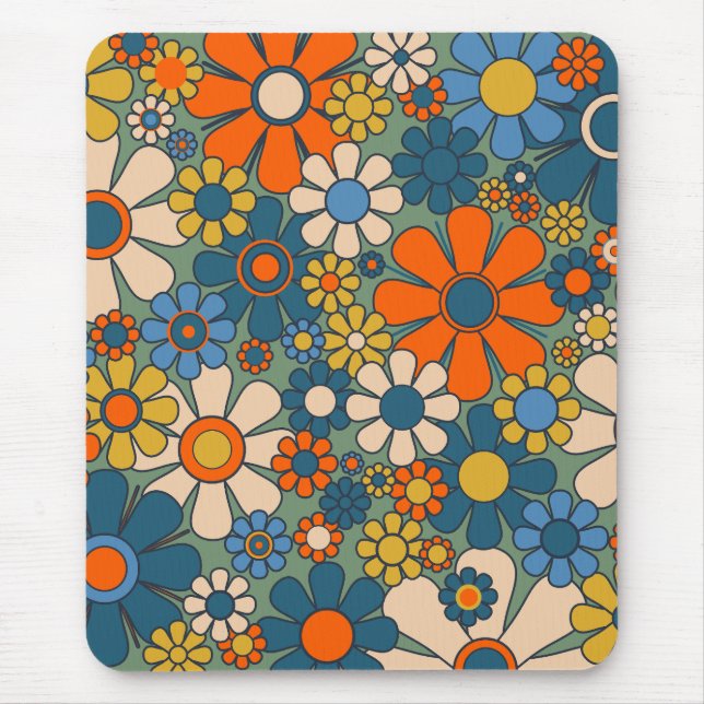 Retro Flowers Groovy Multifärgad 60s 70-talets Blo Musmatta (Framsidan)