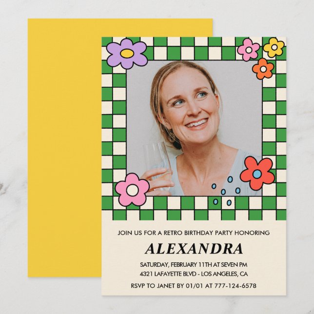 Retro Flowers Groovy Photo 61:a födelsedag Inbjudningar (Fram/baksida)