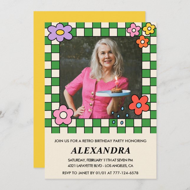 Retro Flowers Groovy Photo 82-årsdag Inbjudningar (Fram/baksida)