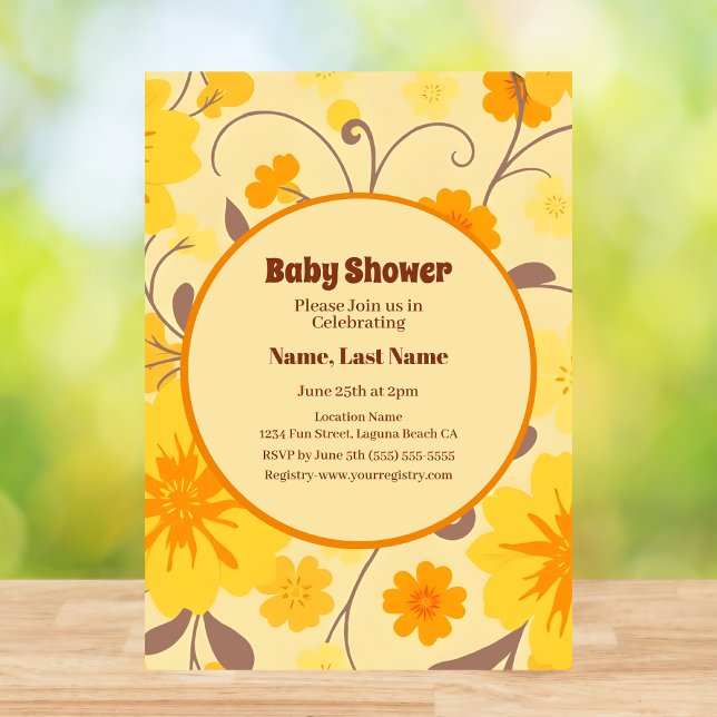 Retro Flowers-Gult, Orange, Mocha Mousse Inbjudningar (Retro Flowers-Yellow, Orange, Mocha Mousse Invitation)