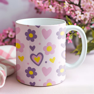 Retro Flowers Hearts Mönster Rosa, Lila, Gult Mugg
