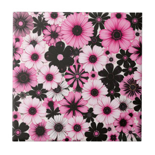Retro Flowers i Rosa och svart Kakelplatta