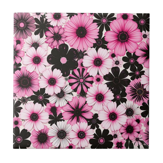 Retro Flowers i Rosa och svart Kakelplatta (Framsidan)