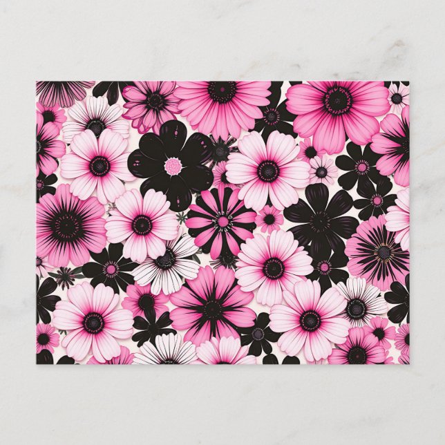 Retro Flowers i Rosa och svart Vykort (Framsida)