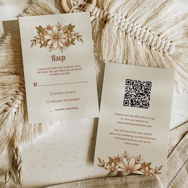 Retro Flowers | Kombinerad QR-kod och traditionell OSA Kort (A trendy, neutral wedding rsvp card with retro flowers)