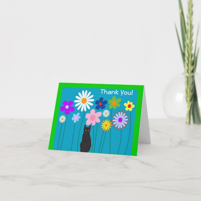 Retro Flowers och Black Cat - tackkort (Framsida)