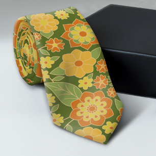 Retro Flowers - oliv grönt orangen guld Slips