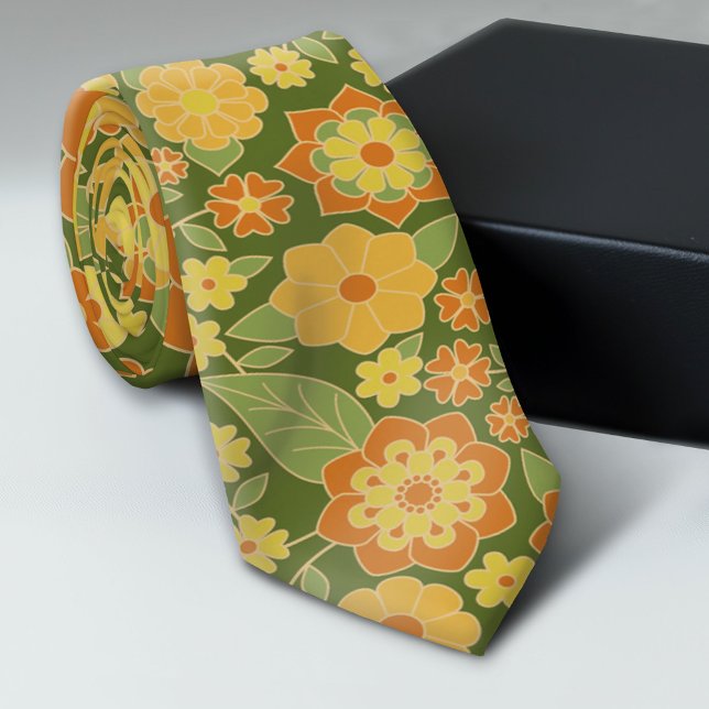 Retro Flowers - oliv grönt orangen guld Slips (Trendy Neck Tie Pattern)