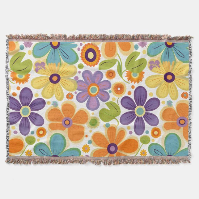 Retro Flowers Orange Lilac Grönt Filt (Framsidan)