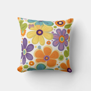 Retro Flowers Orange Lilac Grönt Kudde