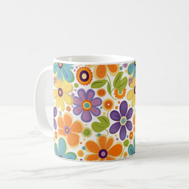 Retro Flowers Orange Lilac och Grönt Kaffemugg (Framsida vänster)