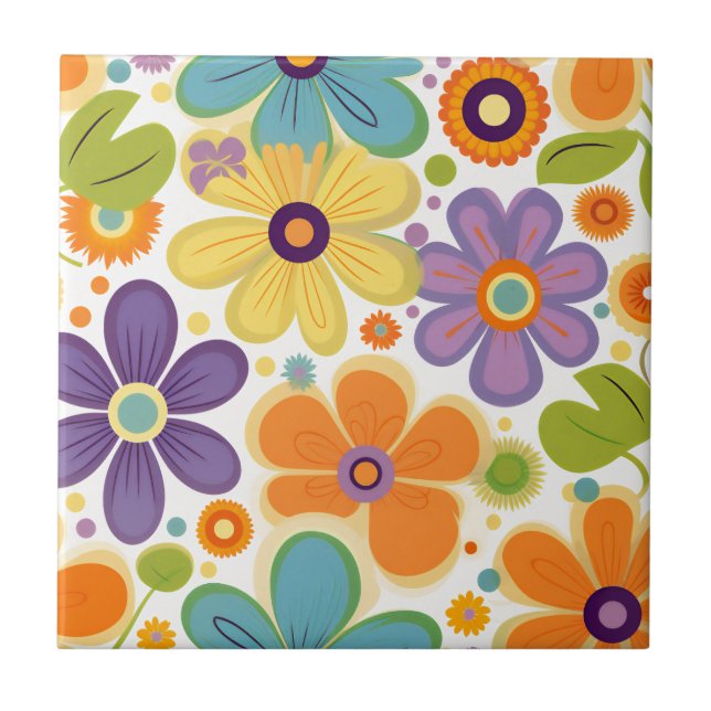 Retro Flowers Orange Lilac och Grönt Kakelplatta (Framsidan)
