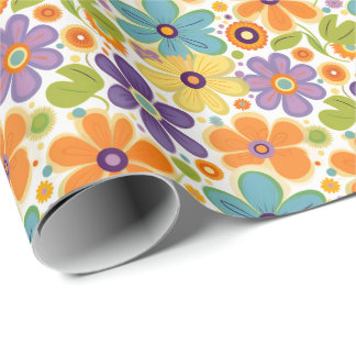 Retro Flowers Orange Lilac och Grönt Presentpapper