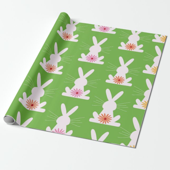 Retro Flowers på Geometric White Rabbits Presentpapper (Utrullad)