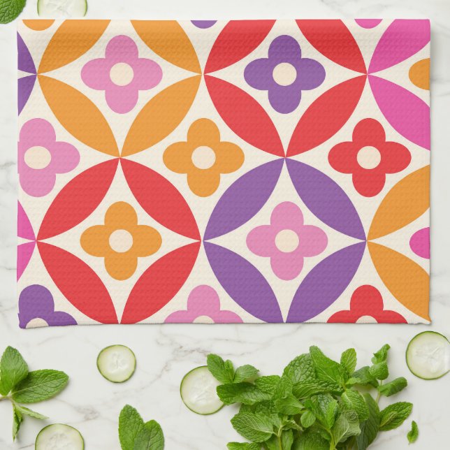 Retro Flowers på Mid Centres Circles Mönster Kökshandduk (Vikta)