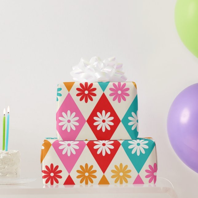 Retro Flowers på Mid Century Diamonds Mönster Presentpapper (Festgåvor)