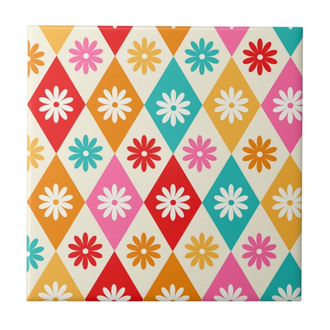Retro Flowers på Mid Century Harelquin Diamonds Kakelplatta (Framsidan)