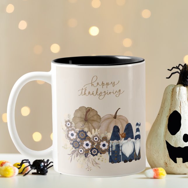Retro Flowers Pumpkins Denim Gnomes Thanksgiving Två-Tonad Mugg (Skapare uppladdad)