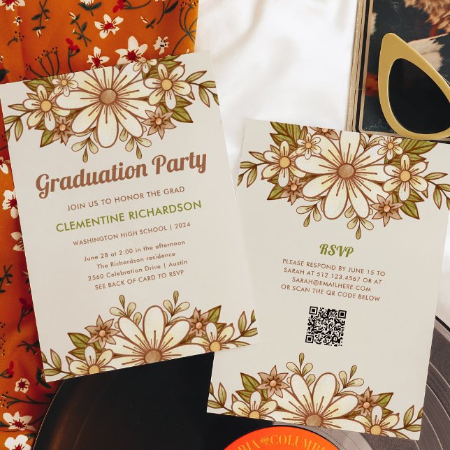 Retro Flowers | QR-kod 2024 Studentfest Inbjudningar (A trendy, retro floral invitation for your grad party, with scannable QR code to rsvp)
