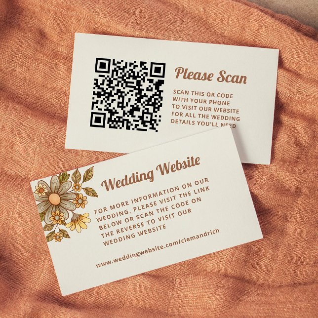 Retro Flowers | QR-kod för Bröllop webbplats Tilläggskort (Wedding website cards with retro flowers and a scannable QR code)