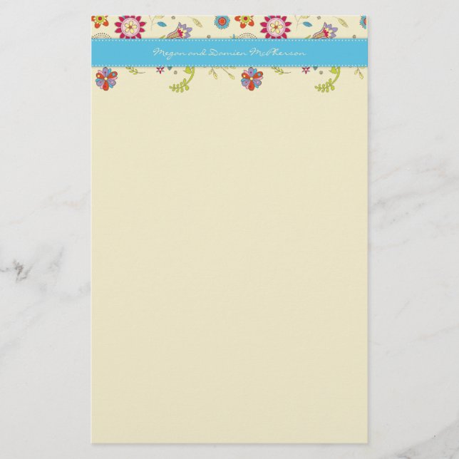 Retro Flowers ・ Turquise ・ Stationery Brevpapper (Framsida)