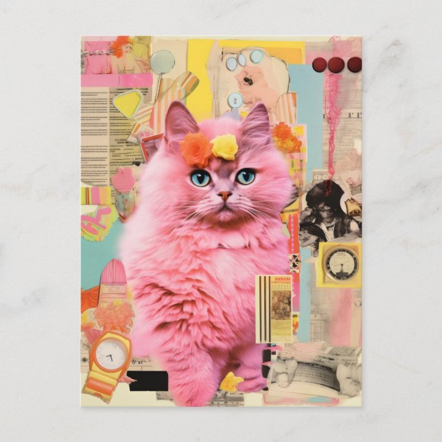 Retro Fluffig Rosa Katt Collage Vykort (Framsida)