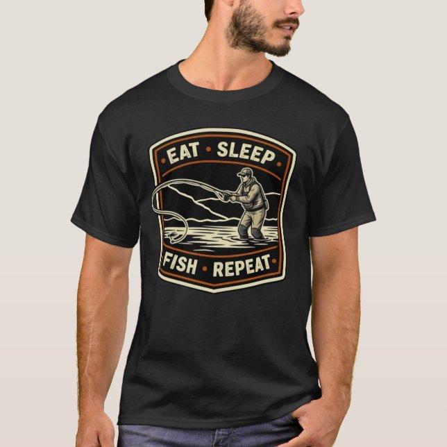Retro flugfiske design äta sova fiska repetera t shirt (Framsida)