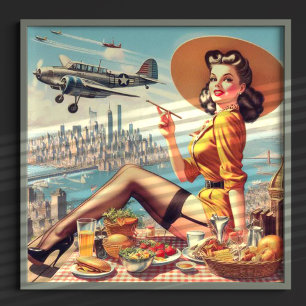 Retro flygplanspinup-illustration poster