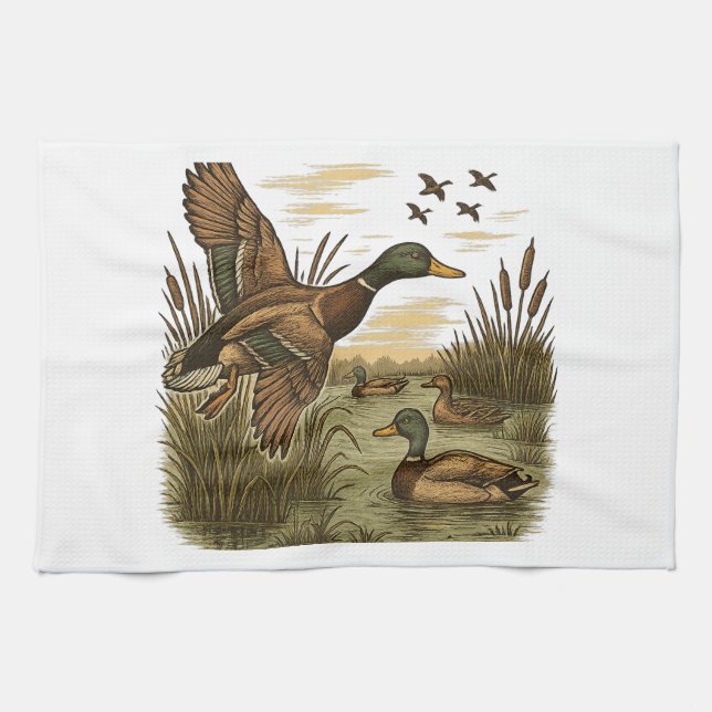 Retro-Flying-Mallard-Duck-Hunting Kökshandduk (Horisontell)