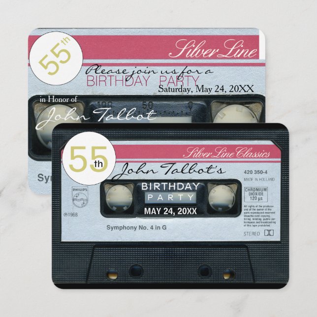Retro födelsedagsfest inbjudan för c-ljudband 55th (Fram/baksida)